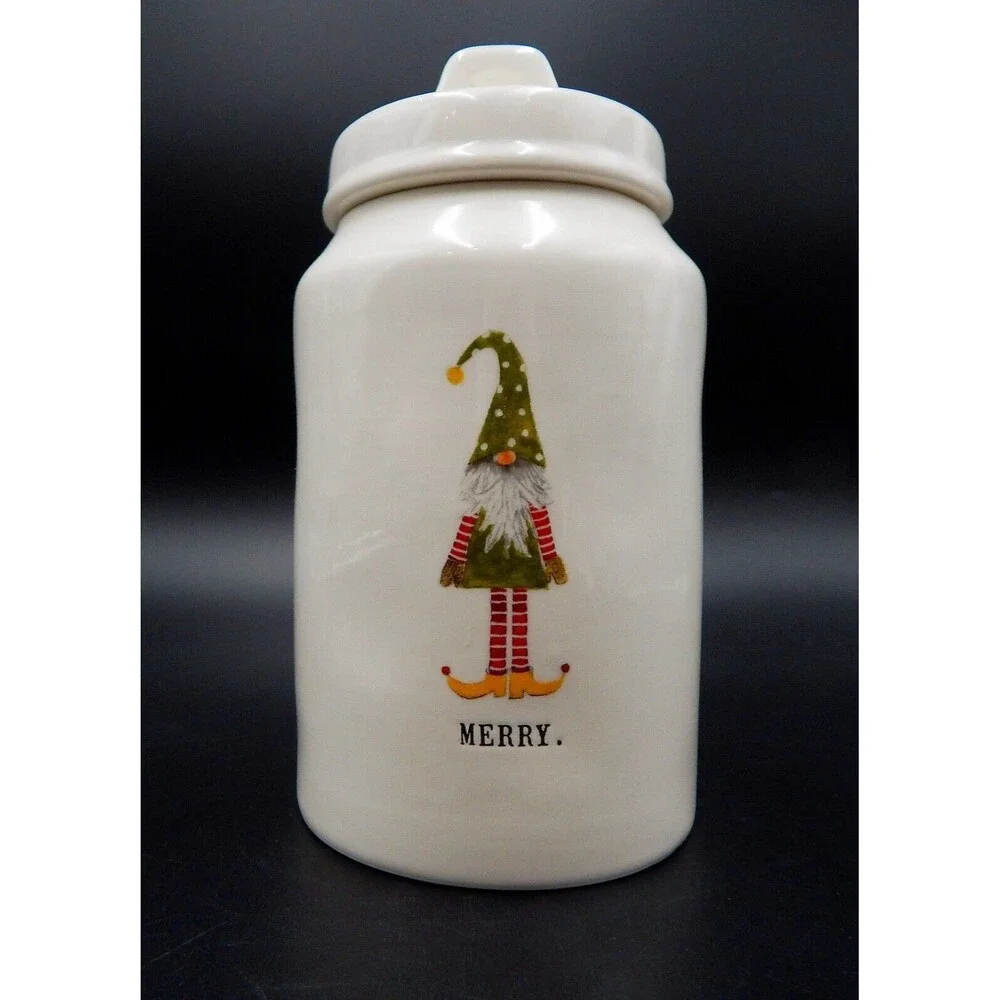 Rae Dunn Christmas Holiday MERRY Gnome 8 Inch Tall Ceramic Canister Coffee Sugar